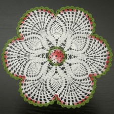 44 cm, 17.3  , Hand Crocheted Doily, Red Variegated White Green, Christmas, 397