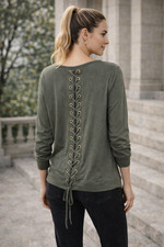 Pink Clover Green Knit Pullover Sweater XL Lace Up Front Cozy Chic