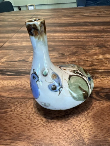 VTG Ken Edwards Tonala Mexican Pottery Bud Vase Hand Painted Blue Bird Signed