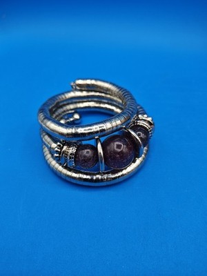 Vintage Gray Glitter Bead and Silver Tone Snake Coil Memory Wire Wrap Bracelet