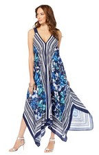 Roman's Women's Size 1X 22/24 Maxi Dress Blue White Floral Sleeveless Stripes XL