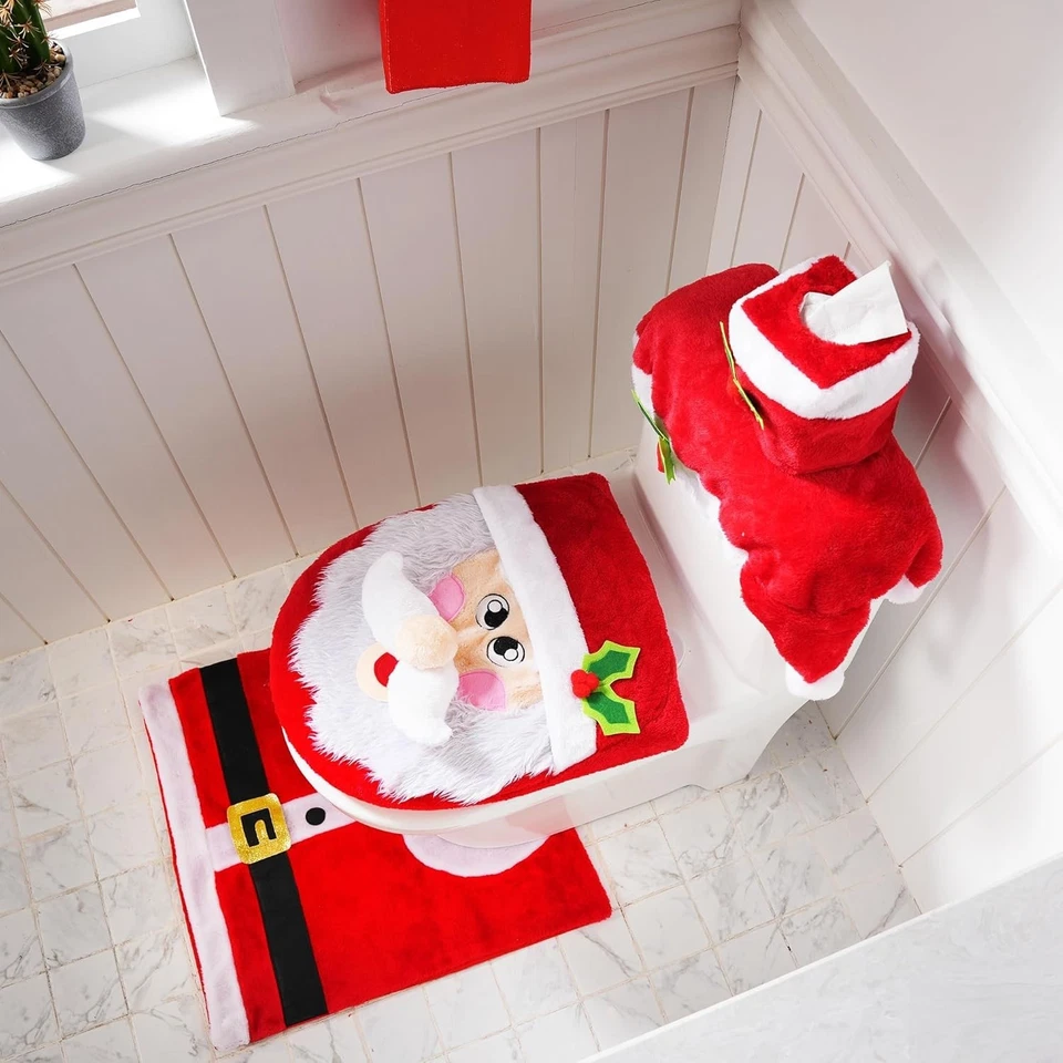 Juego de decoración de baño con tema navideño de 5 piezas con funda de asiento de inodoro, alfombras, tanque Foto 2 de 4
