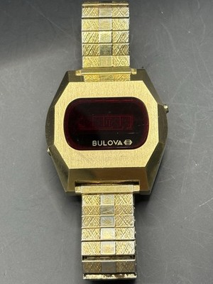 Vtg 1976 Bulova Computron Watch Red LED Digital Watch W/ Band For Parts Repair