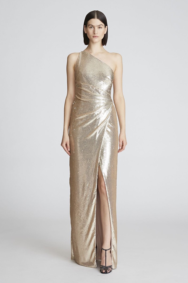 halston heritage gold lame dress Adriana Gown Sz 8 Champagne C2_Relaxed fit