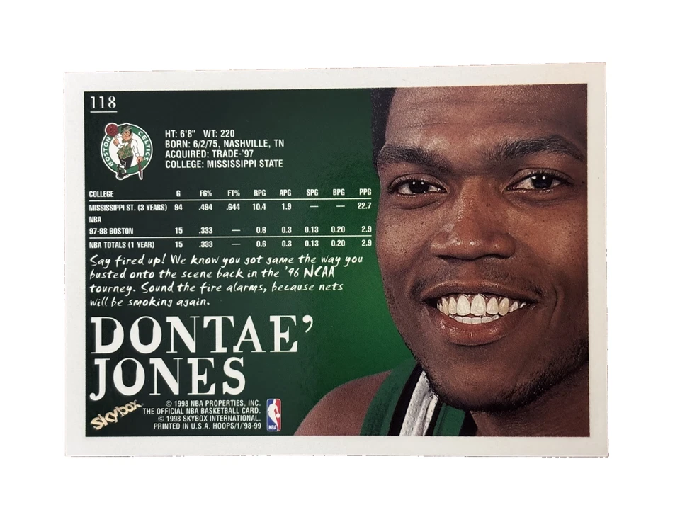 Excellent: Vintage 1998-99 NBA HOOPS Dontae' Jones Boston Celtics Trading Card - Image 2 of 2