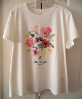 Old Navy Ivory Off White & Pink Purple Pansies Multi Floral T-shirt 4XL 26 28 4X