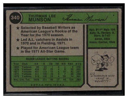 1974 Topps #340 Thurman Munson - Picture 2 of 2