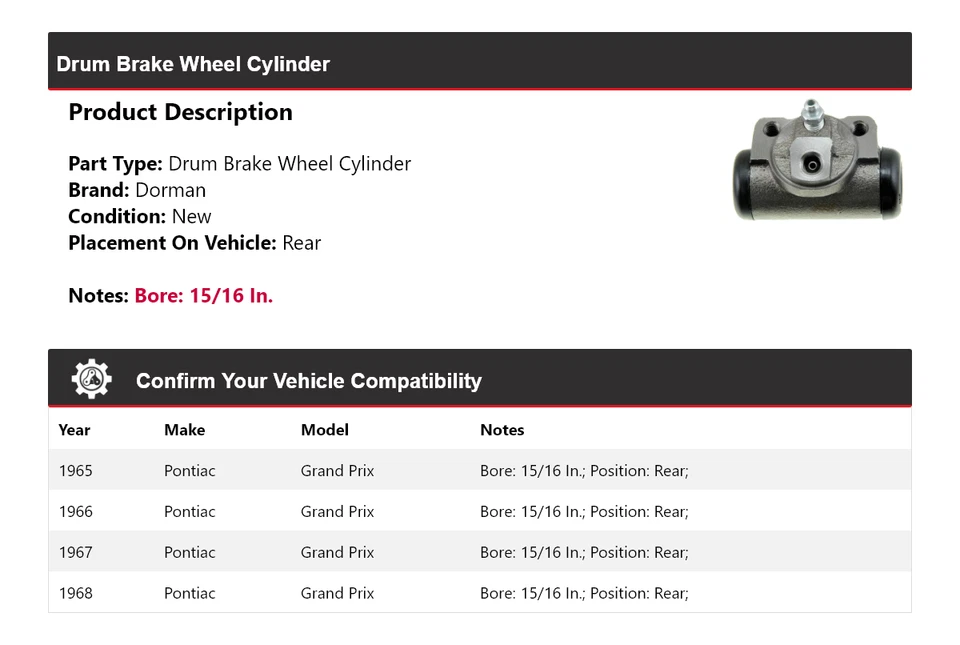 Para 1965-1968 Pontiac Grand Prix Dorman cilindro de roda de freio a tambor traseiro 1966 1967 - Imagem 2 de 3
