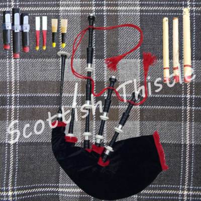  GREAT SCOTTISH BAGPIPE BLACK COLOR HALF SET WITH TUTOR BOOK/DUDELSACK/GAITA