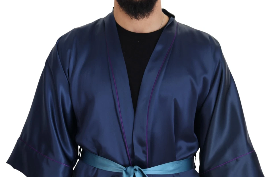 DOLCE & GABBANA Jacket Blue Satin Silk Waist Belt Robe IT48/US38/M RRP 3700usd - Image 4 of 4