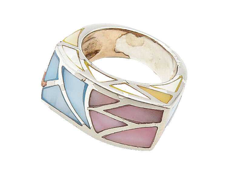 925 Sterling Silver Vintage Mother Of Pearl Mosaic Band Ring