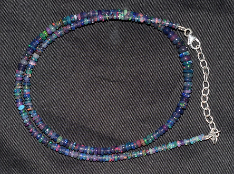 Nera Naturale Etiope Opale di Fuoco Tondo Perline 16'' Collana 925 Argento F3745 - Immagine 4 di 4