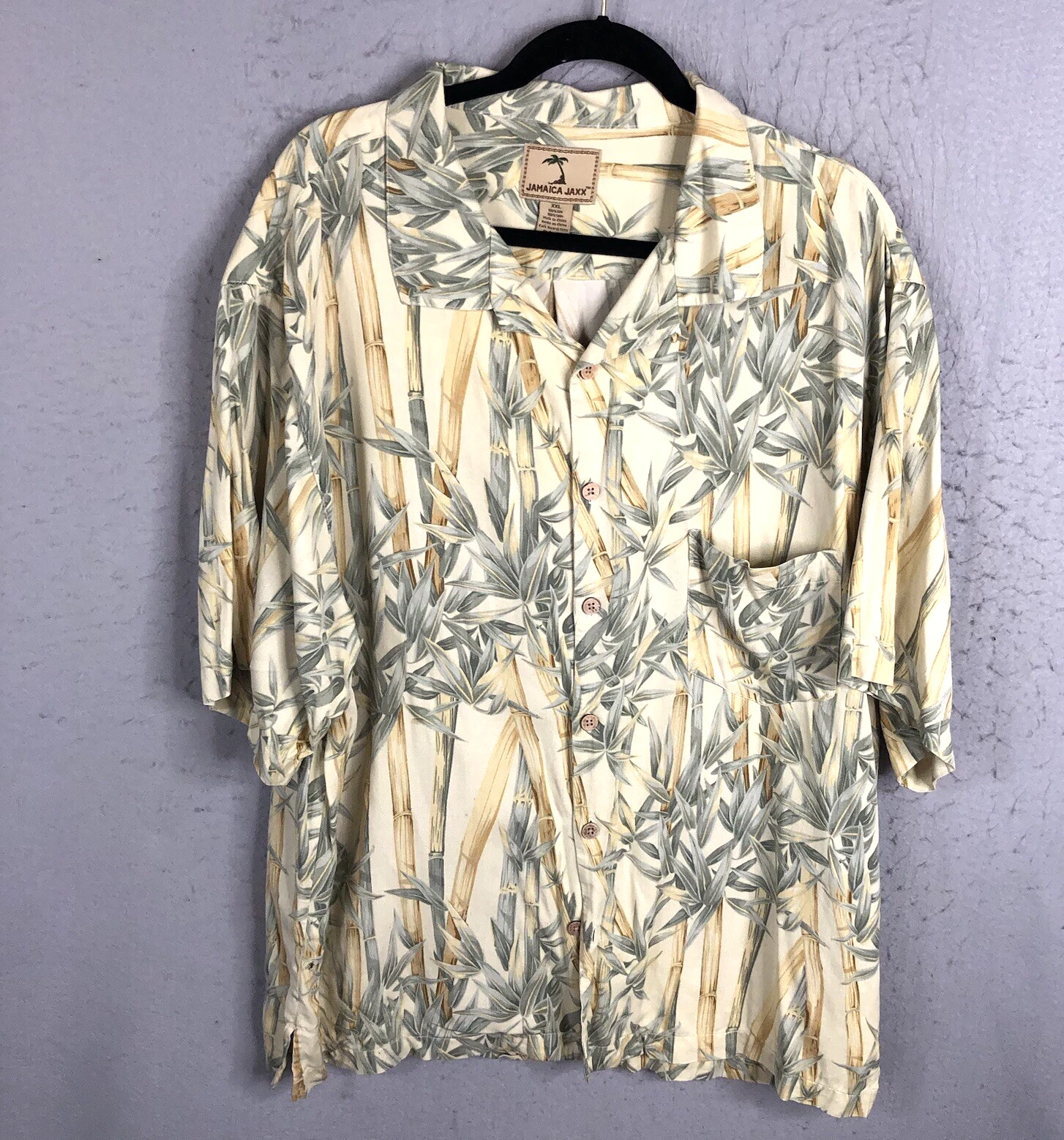 Jamaica Jaxx Hawaiian Shirt Mens XXL 2XL Yellow Green Bamboo Print Silk Vacay