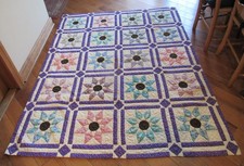 Vintage Hand Quilted MISSOURI DAISY, STAR FLOWER, SUNFLOWER Quilt 82 x 64 NICE!