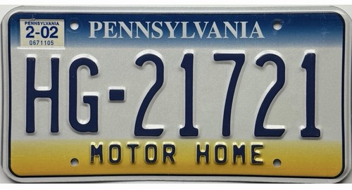 *BARGAIN BIN*  2002 Pennsylvania MOTOR HOME License Plate #HG-21721