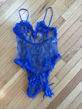 VTG 1980s Blue Lace Teddy Bodysuit Lingerie With Tie Openings Size Large