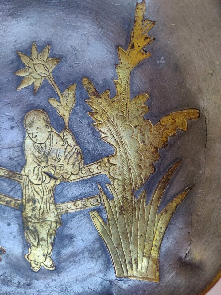 Hermoso cuenco de peltre antiguo chino con incrustaciones de latón belleza Qing Foto 3 de 4