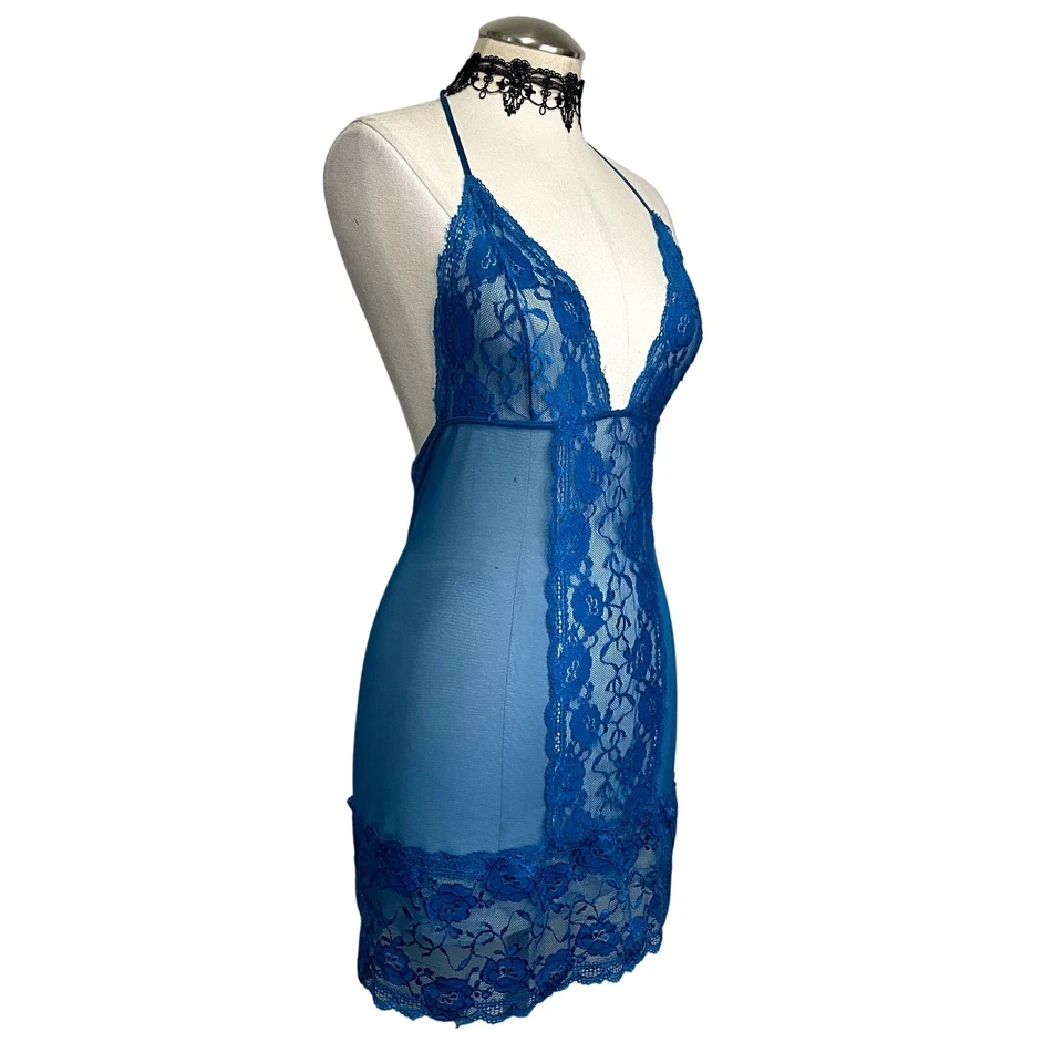 Dreamgirl Lencería Azul Encaje Vestido Sin Mangas Hada Con Cordones Espalda Romántico  Foto 3 de 4