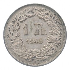 SILVER - Quarter-Sized - 1945 Switzerland 1 Franc - World Silver Coin *184