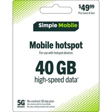SIMPLE Mobile 49.99 Hotspot Data, 40 GB, 30  Day Plan Physical Delivery 