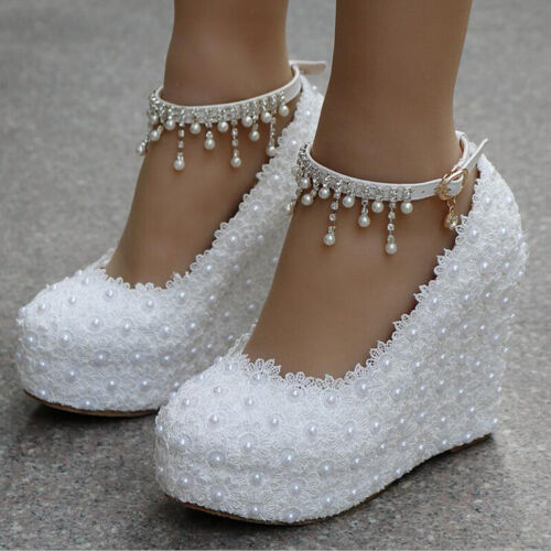 Frauen-Faux-Perlen-Spitze-Keil-Sandalen-Absatz-Plattform-Hochzeits-Braut-Schuhe - Bild 1 von 16