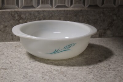 Vintage White Pyrex Bowl Blue Wheat Design #023 1.5 Qt. Casserole Dish Ovenware