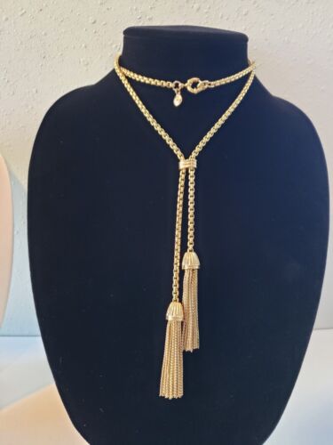 J Crew, Lariat Necklace With Tassels Gold Tone 28" 5" Drop