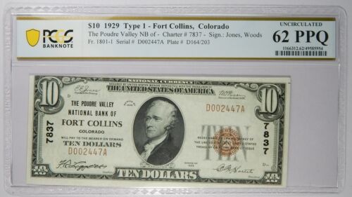 1929 Fort Collins, Co The Poudre Valley National Bank $10 PCGS 62 PPQ