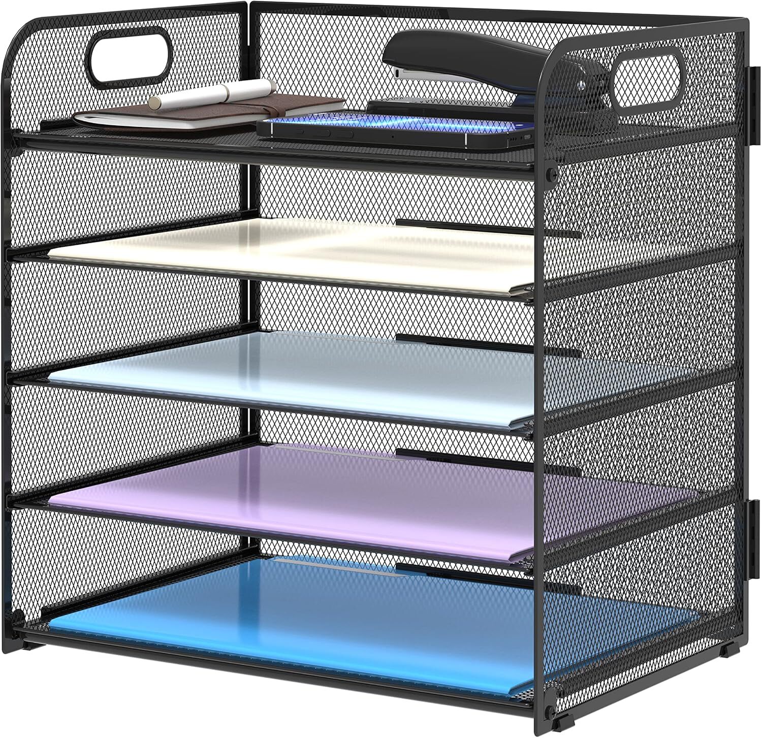 Supeasy 5-Tray Mesh Desk File Organizer with Handle for Paper and Letter Storage-image