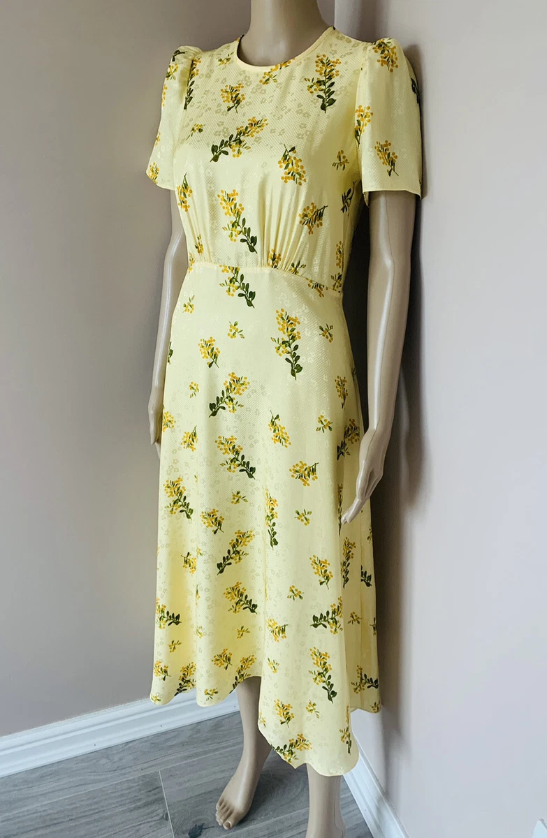 LK BENNETT YELLOW MIMOSAS PRINT SILK DRESS SIZE 14 UK BNWT RETAIL 399