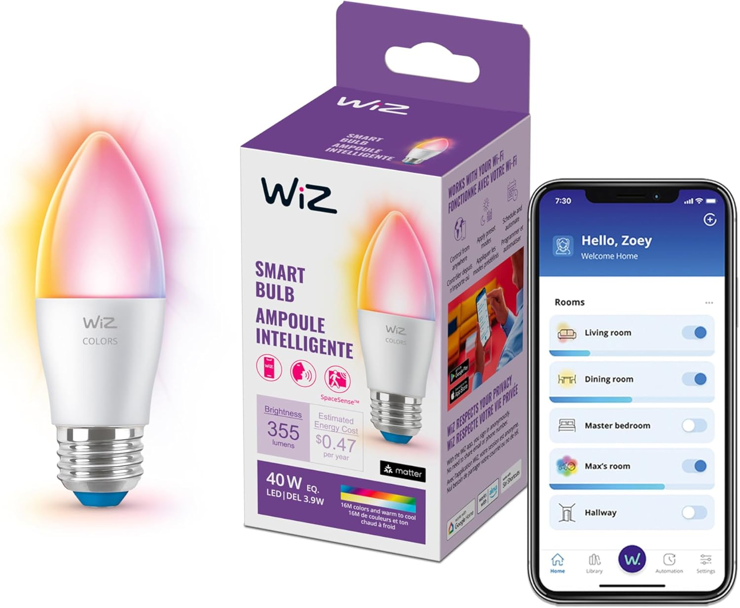 Wiz 40W B12 Color LED Smart Candle-Shaped Bulb - Pack of 1 - E26- Indoor - Conne