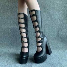 Women Hollow Out Thick Sole Platform High Heels Boots Belt Buckle Zipper Pumps