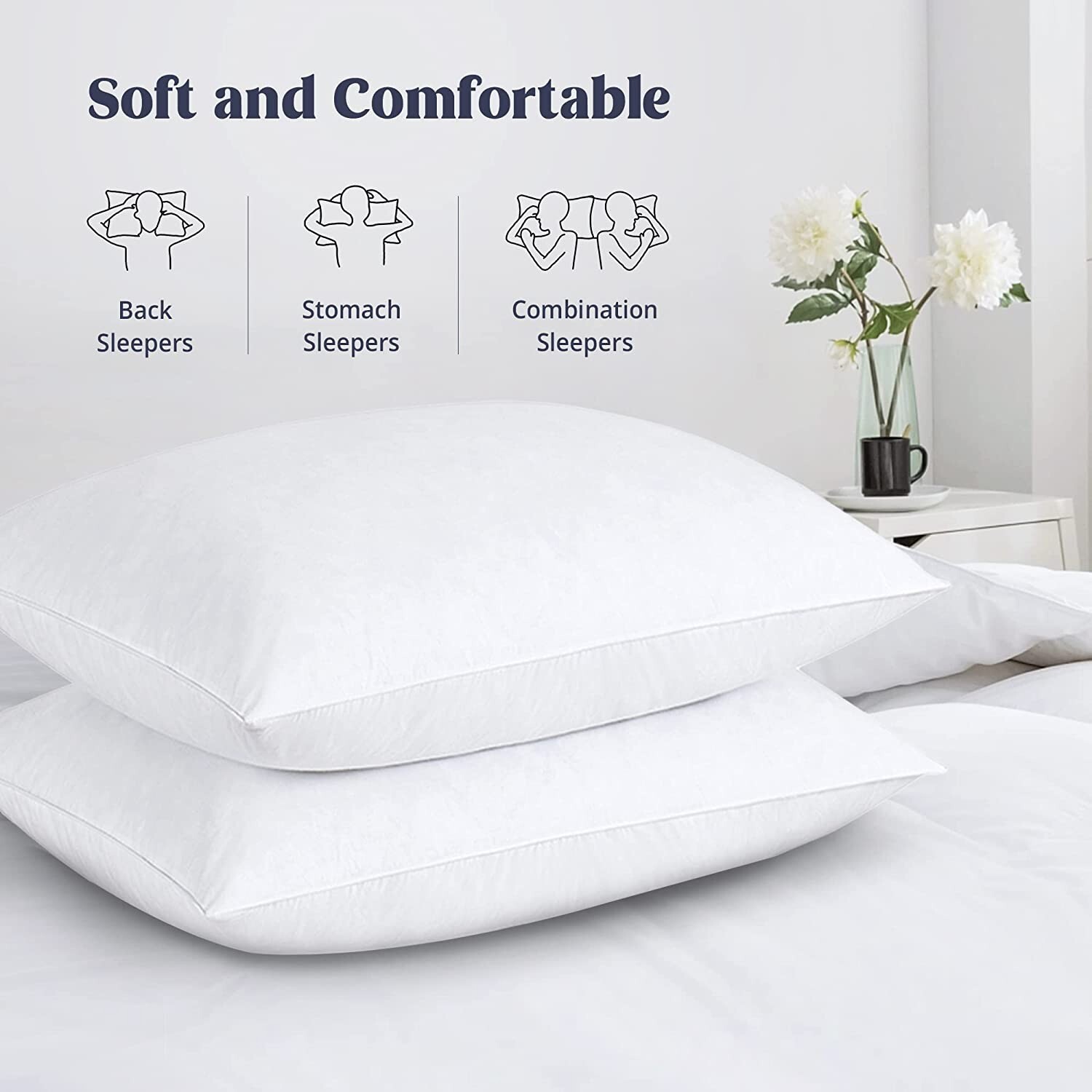 Throw Goose Down Feather Bed Pillow Queen Size Lightweight Pure Down