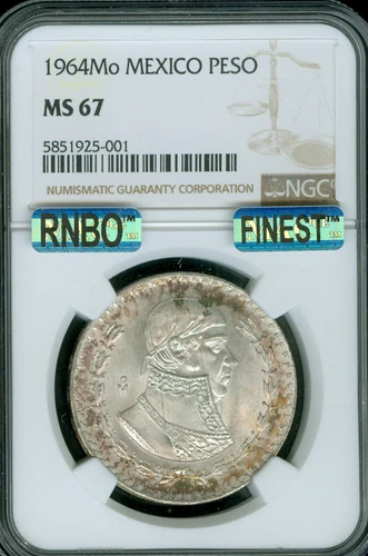 1964 MEXICO SILVER ONE PESO NGC MS67 PQ MAC RNBO RAINBOW GORGEOUS .