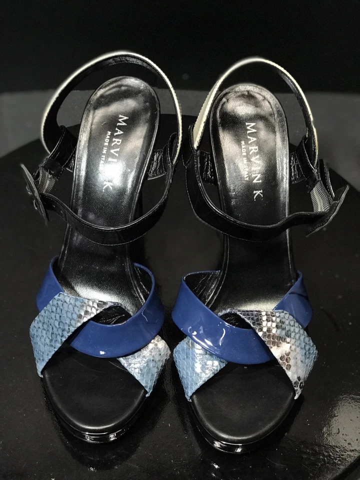 Nuevas sandalias de cuero Marvin K para mujer negras/azules con correa de serpiente talla US 9,5 M Italia Foto 4 de 4