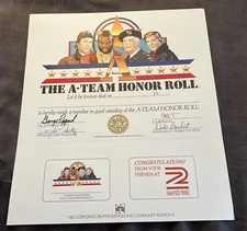 Vintage N.O.S  The A-Team Honor Roll Certificate Hannibal / Face/ Murdock / MR.T