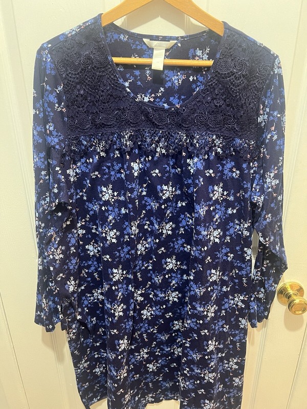 Adonna Blue Floral Nightgown With Lace Trim Long Sleeve Size 2xl