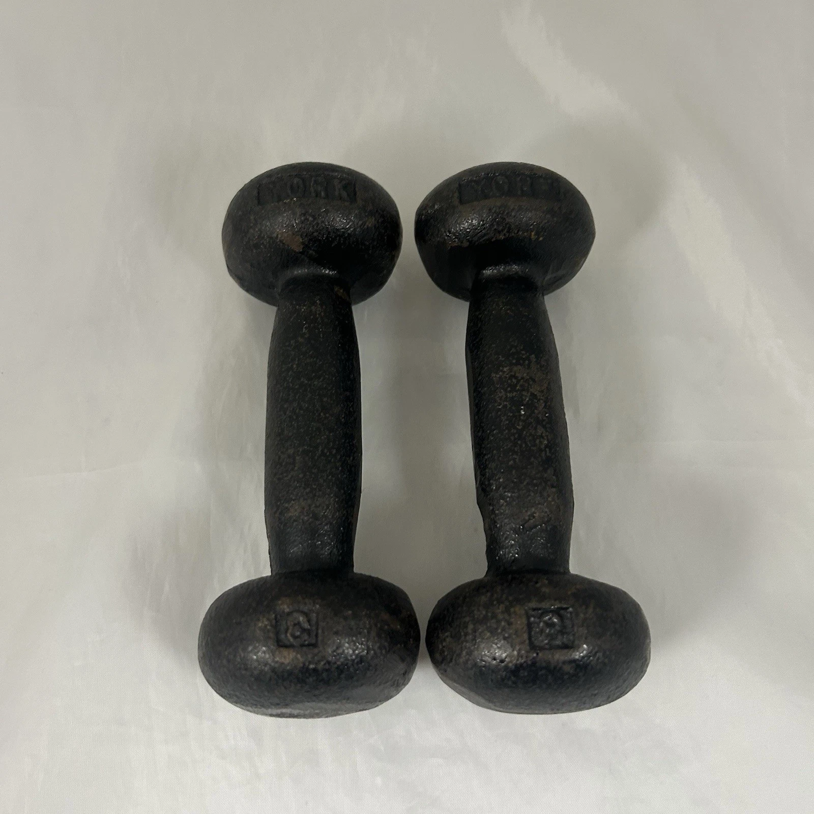 Vintage York 3lb Bunhead Dumbbells Cast Iron Hand Weights Pair USA