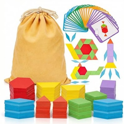 209 PCS Shapes Wooden Pattern Blocks for Kids, Geometric with Activity 230