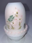 Fenton Opal Satin Butterfly Floral 2 pc Fairy Lamp painted by T Kelley 1997