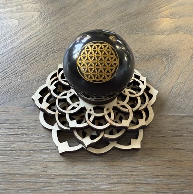 Black Obsidian Flower Of Life Sphere With Wood Sphere Holder