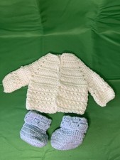 Handmade Crocheted Newborn White Sweater  Blue Booties New
