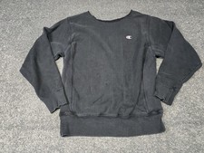 VINTAGE Champion Reverse Weave Sweatshirt Mens Black Cut Neck Crewneck Pullover