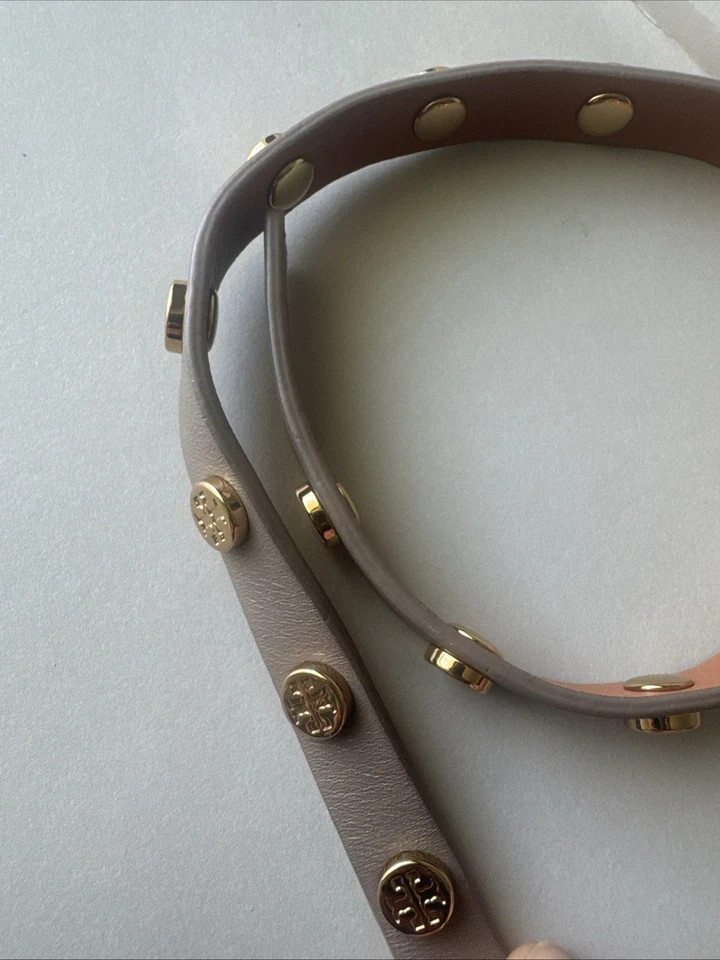 Tory Burch 灰褐色皮革包裹式手链金色标志耳钉设计师珠宝首饰女式 — 第 3/4 张图片