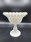 Vintage White Hobnail Milk Glass Ruffled Compote Pedestal Bowl Candy Dish