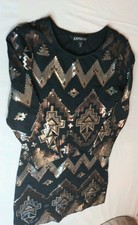 Express Dress Sz XS Black Gold Metallic Aztec Sequin Bodycon Y2K Disco Club