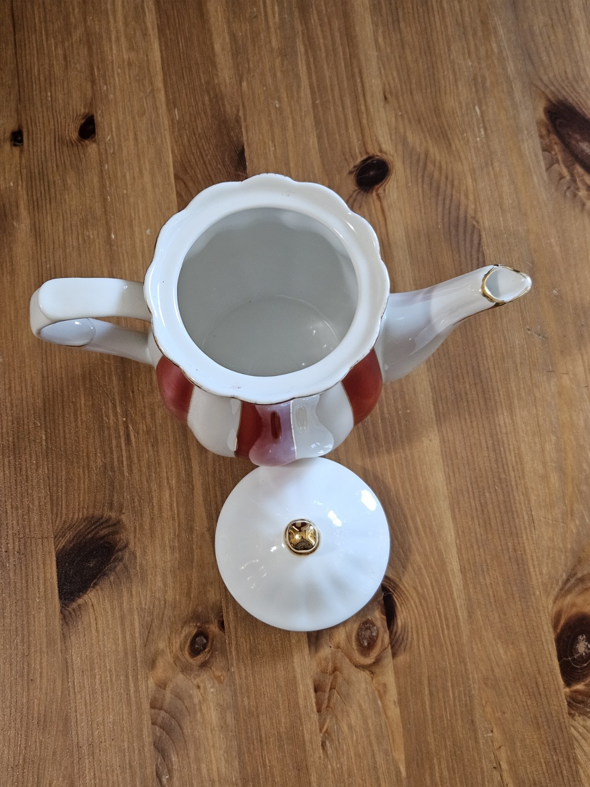 Grace Teaware Porcelain Red & White Stripe Tall Teapot Gold Scallop Trim 8" Tea