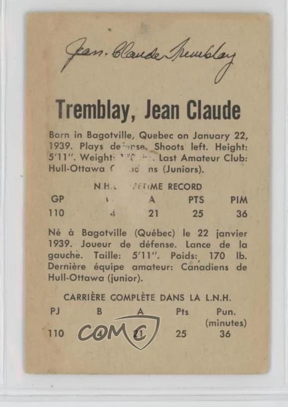 1962-63 Parkhurst JC Tremblay Jean-Claude Tremblay #54 Rookie RC - Image 2 of 2