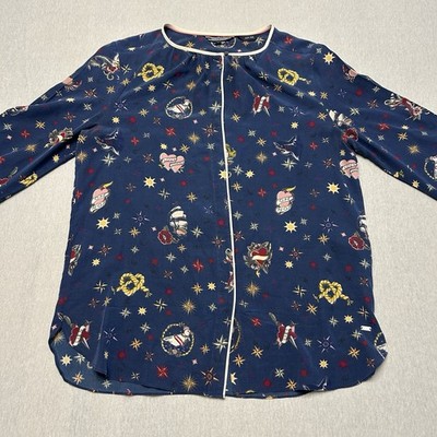 Tommy Hilfiger luxury silk blouse nautical tattoo print navy blue 100% silk XS