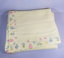 Vtg NWOT 90s Yellow Baby Blanket Nylon Trim Animals Thermal Waffle Weave 36x48  